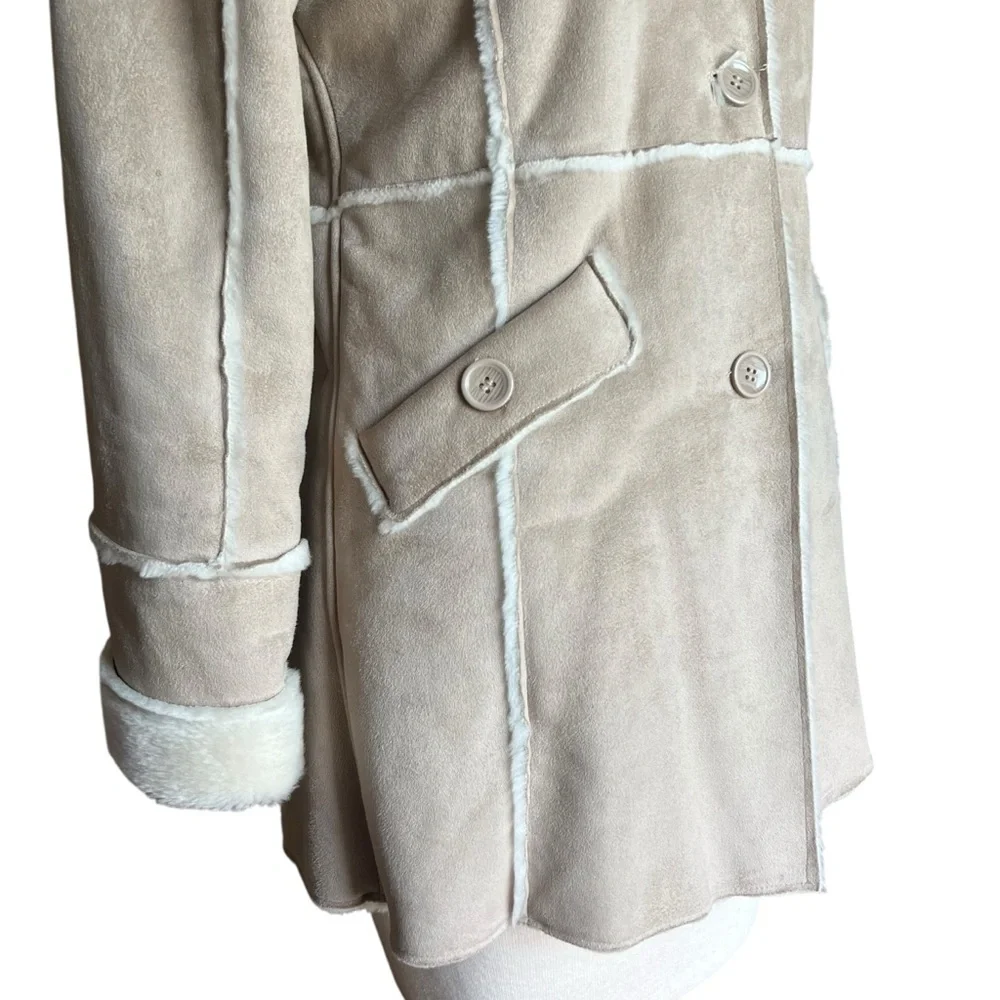 VINTAGE 90s Cream Faux Suede & Fur Hooded Coat Size Large - Picture 4 of 15